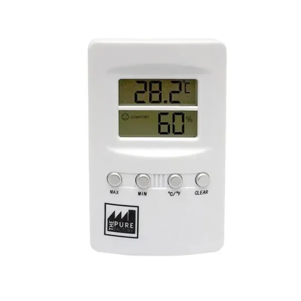 Termohigrómetro blanco Pure Factory con pantalla que muestra 28,2 °C y 60 % de humedad, y cuatro botones frontales. Termohigrómetro blanco Pure Factory con pantalla que muestra 28,2 °C y 60 % de humedad, y cuatro botones frontales.