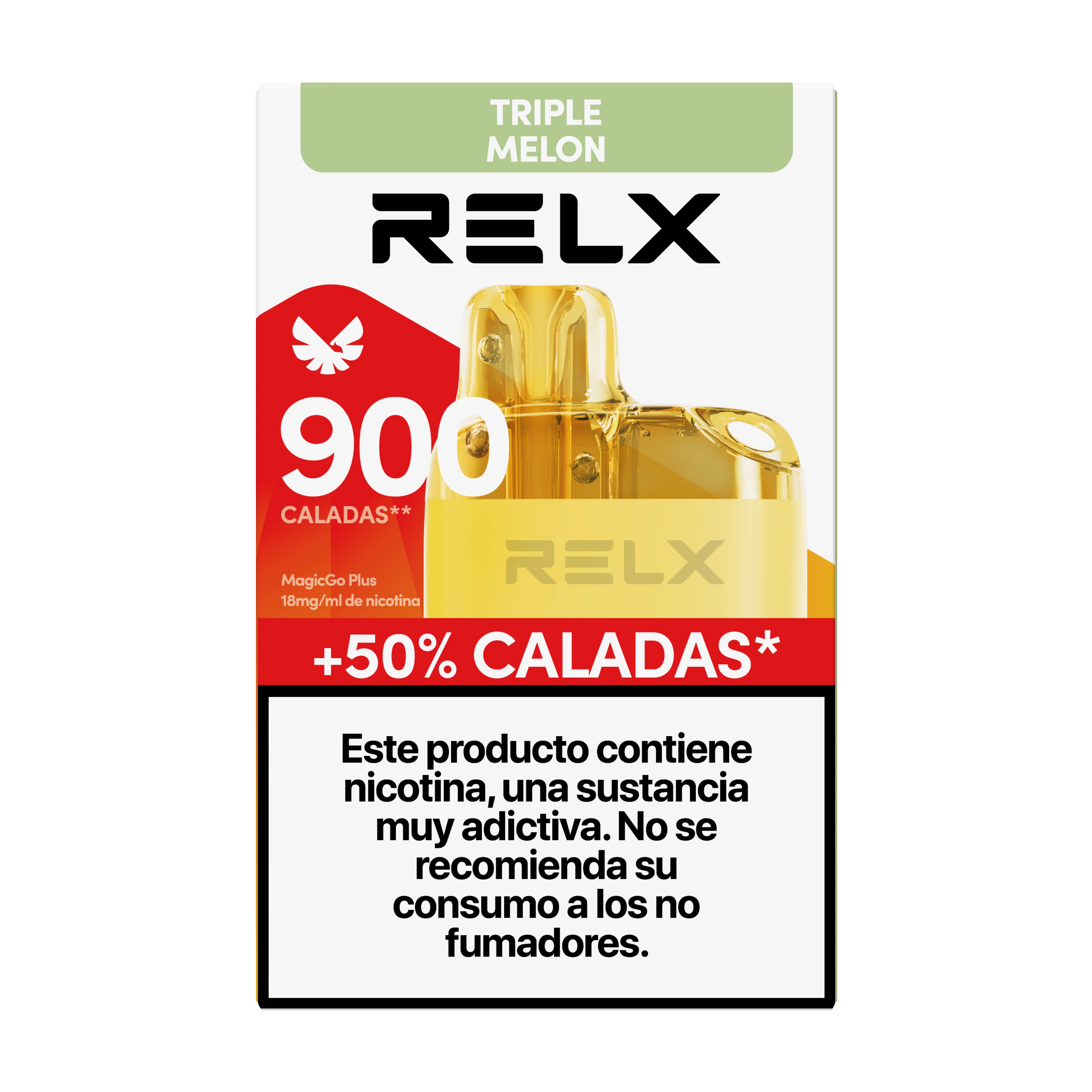 Caja de RELX MagicGo Plus Triple Melon con dispositivo amarillo ilustrado, indicación de 18 mg/ml y advertencia sobre nicotina.