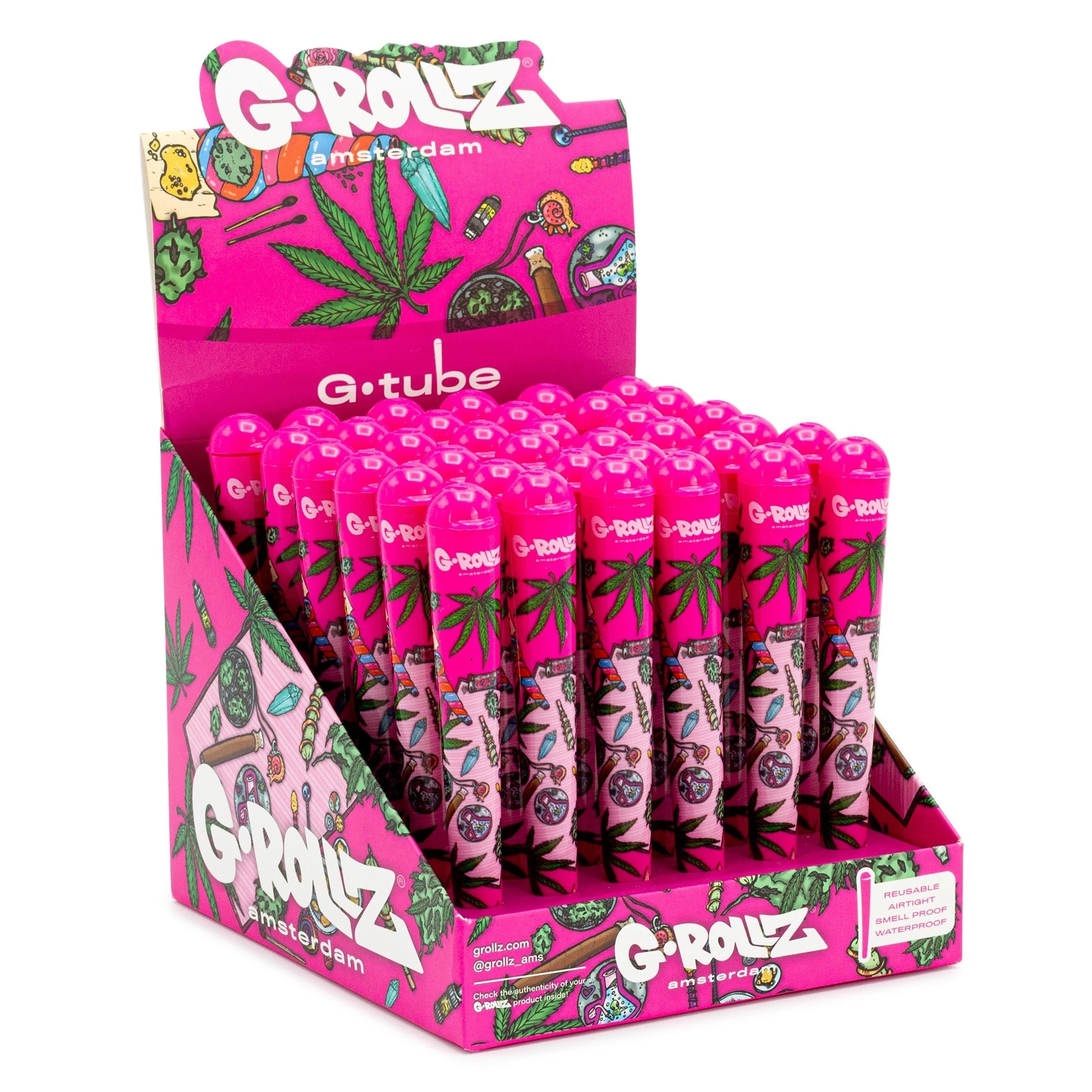 Expositor G-Rollz con varios tubos portacigarros rosas, decorados con hojas de cannabis e ilustraciones multicolores.