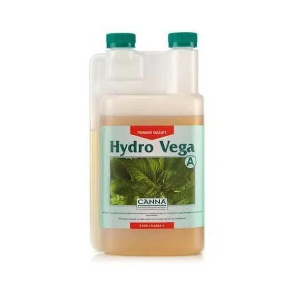 Envase translúcido de CANNA Hydro Vega A con líquido ámbar, dos tapones verdes y etiqueta con hojas verdes.