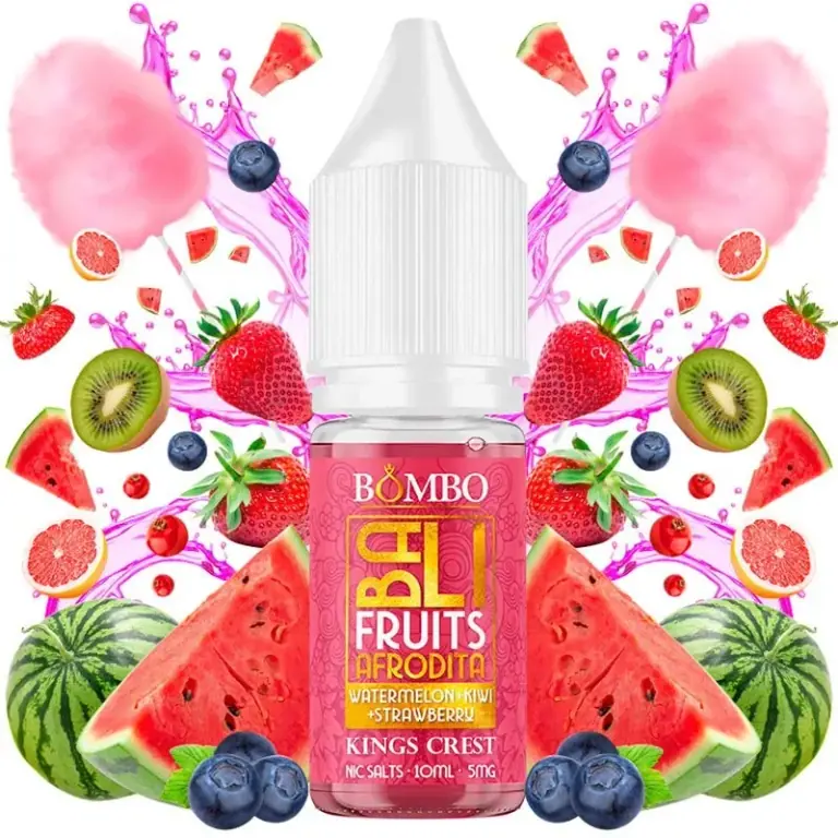 Frasco de Afrodita Bali Fruits de Bombo y Kings Crest con tapón blanco, rodeado de frutas, algodón de azúcar y salpicaduras rosas.