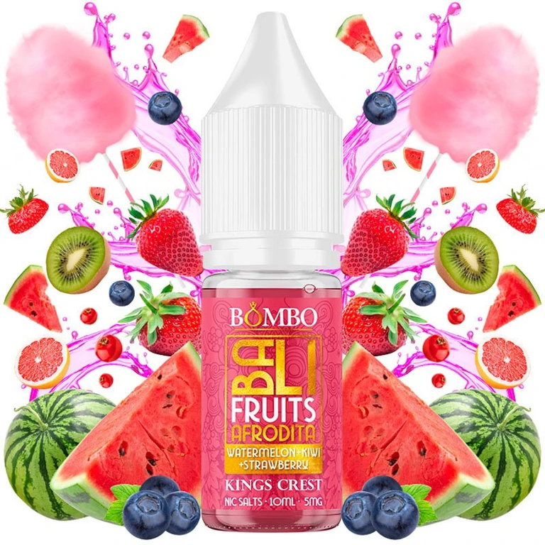 Frasco de Afrodita Bali Fruits de Bombo y Kings Crest con tapón blanco, rodeado de frutas, algodón de azúcar y salpicaduras rosas.