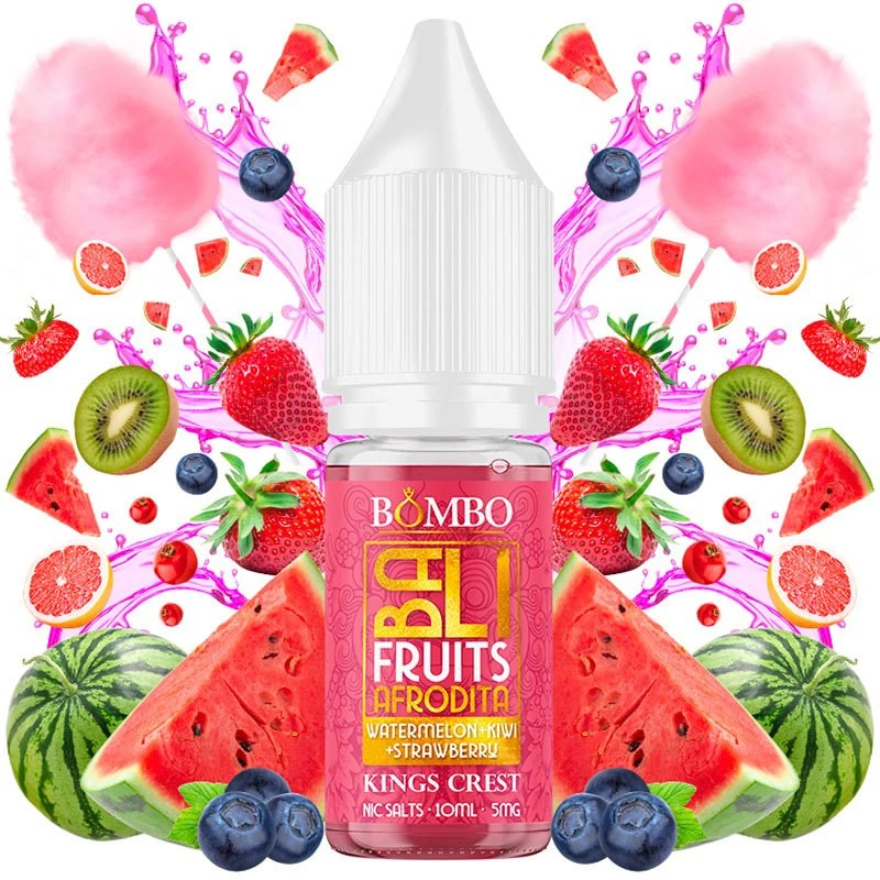 Frasco de Afrodita Bali Fruits de Bombo y Kings Crest con tapón blanco, rodeado de frutas, algodón de azúcar y salpicaduras rosas.