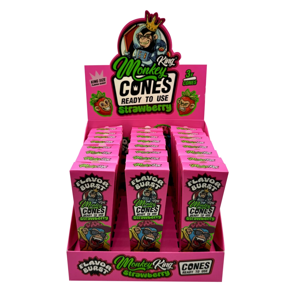 Expositor rosa de Monkey King Strawberry con cajas de tres conos, dibujos de fresas y un mono con corona. Expositor rosa de Monkey King Strawberry con cajas de tres conos, dibujos de fresas y un mono con corona.
