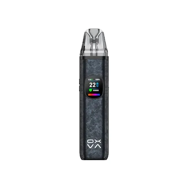 OXVA XLIM Pro 2 DNA de cuerpo oscuro jaspeado, con boquilla transparente y pantalla frontal a color que muestra 22 W.