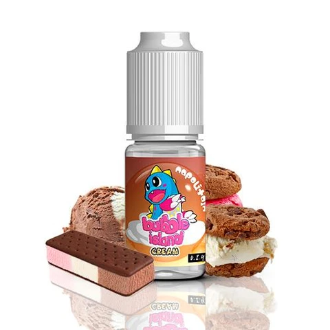 Frasco Bubble Island Cream Napolitan con tapón blanco y etiqueta de personaje azul, rodeado de helado y sándwiches de helado.