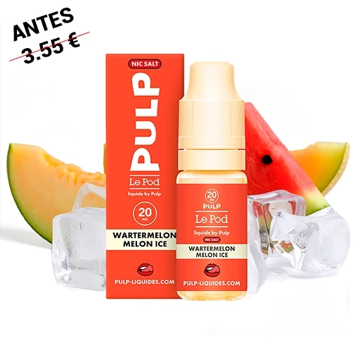 Frasco y caja rojos de Pulp Le Pod Salts Watermelon Melon Ice, rodeados de rodajas de sandía, melón y cubitos de hielo.