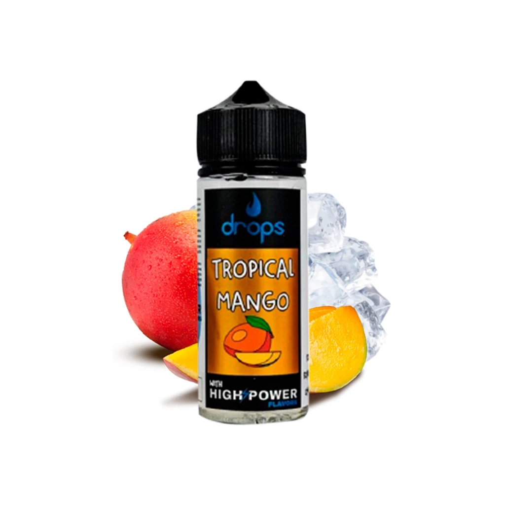 Frasco Drops Tropical Mango con tapón negro y etiqueta naranja, acompañado de un mango entero, trozos de mango y cubitos de hielo. Frasco Drops Tropical Mango con tapón negro y etiqueta naranja, acompañado de un mango entero, trozos de mango y cubitos de hielo.