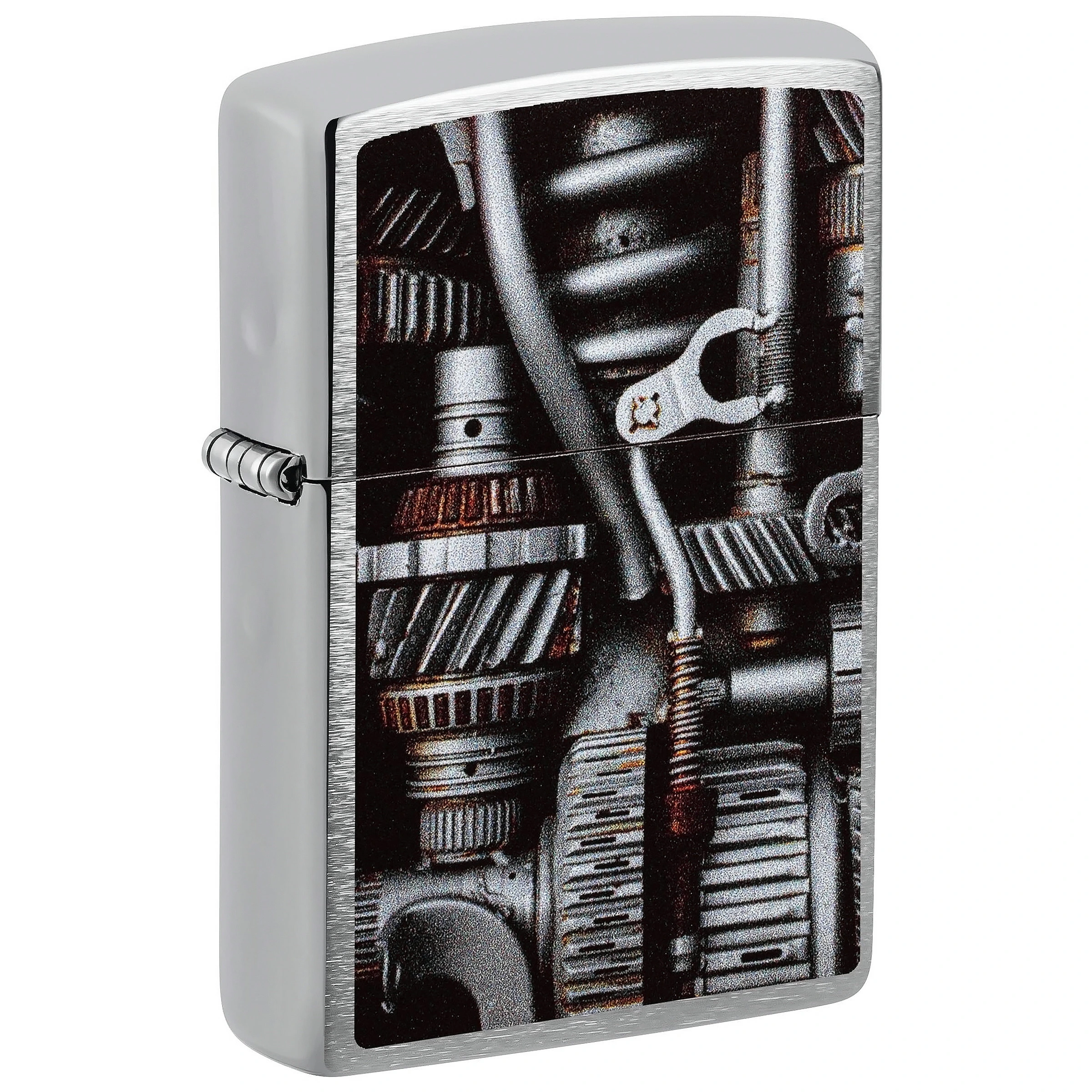Encendedor Zippo 200 Mechanism Design cerrado, visto en perspectiva, con acabado plateado y un diseño frontal de engranajes y piezas mecánicas.