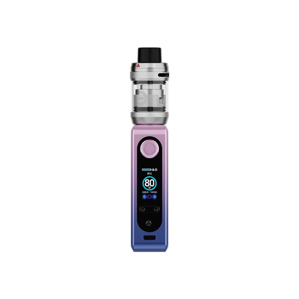 Vaporesso Gen SE en vista frontal, con cuerpo degradado de rosa a azul, pantalla que muestra 80 W y depósito transparente con boquilla negra. Vaporesso Gen SE en vista frontal, con cuerpo degradado de rosa a azul, pantalla que muestra 80 W y depósito transparente con boquilla negra.