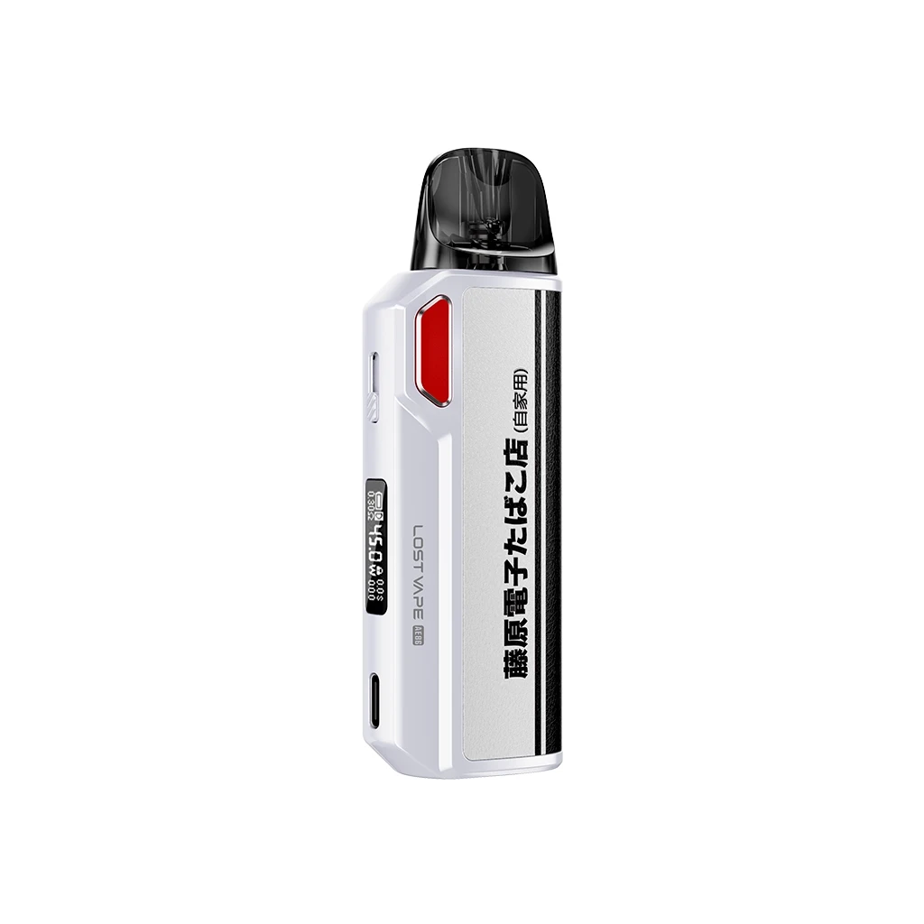 Pod Lost Vape Thelema Elite DM45 blanco y plateado, con boquilla negra, botón rojo, pantalla lateral e inscripciones japonesas en el frontal.