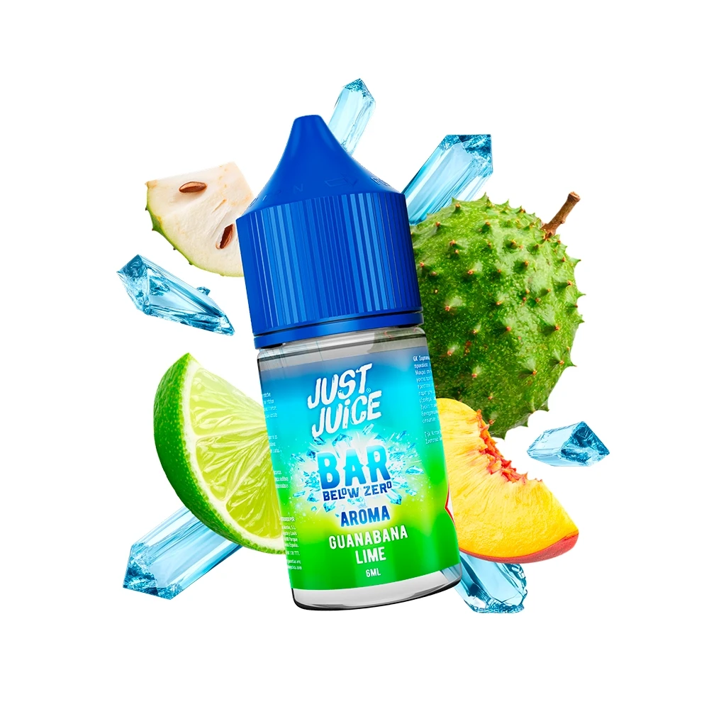 Frasco Just Juice Below Zero Guanabana & Lime con tapón azul, rodeado de frutas y cristales azules sobre fondo blanco.