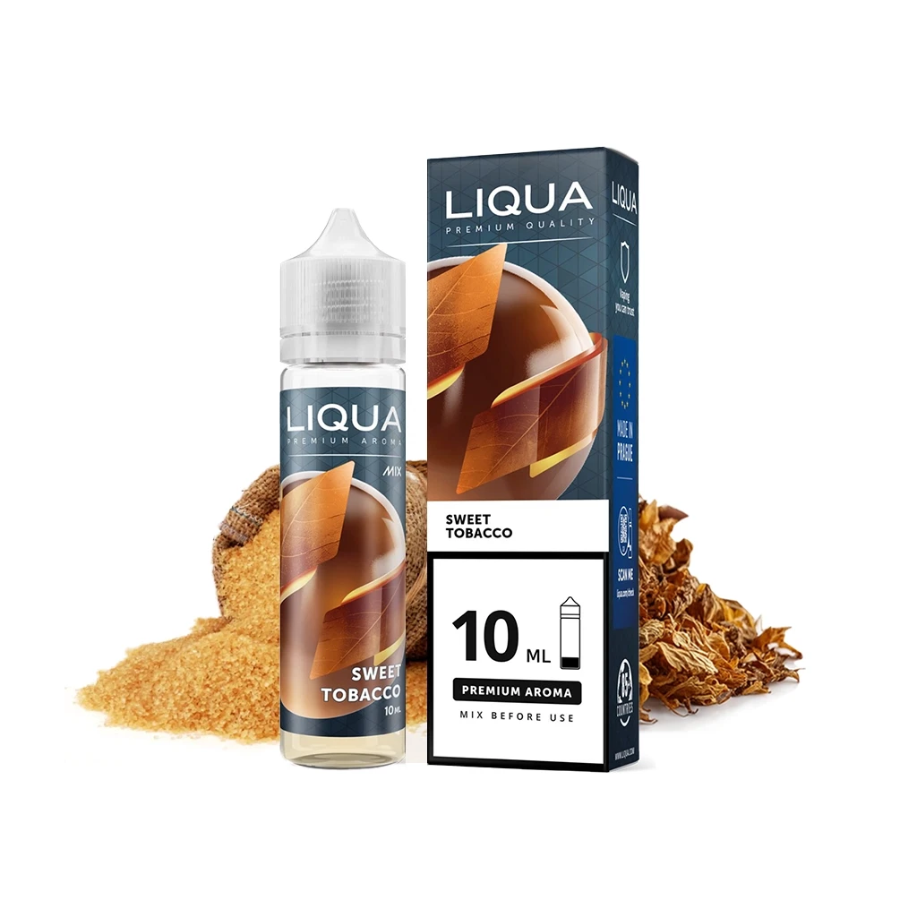 Frasco Liqua Sweet Tobacco Longfill con tapón blanco y caja de 10 ml, acompañado de hojas de tabaco y un montón de gránulos dorados.