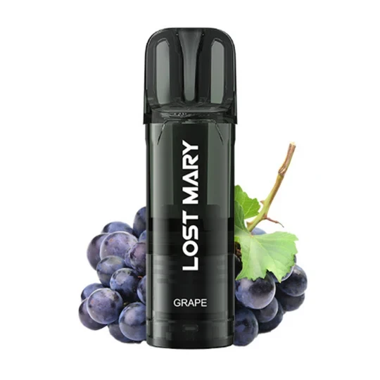 Dispositivo Lost Mary negro con boquilla oscura y las inscripciones «LOST MARY» y «GRAPE», delante de uvas moradas y una hoja verde.