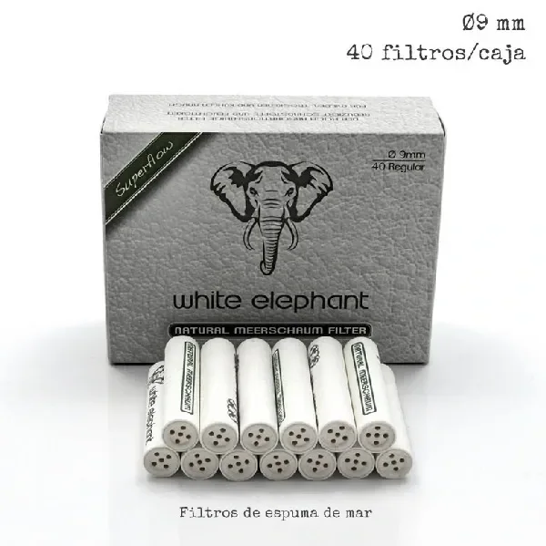 Caja White Elephant de 40 filtros de espuma de mar de 9 mm, con logotipo de elefante y filtros blancos apilados delante.