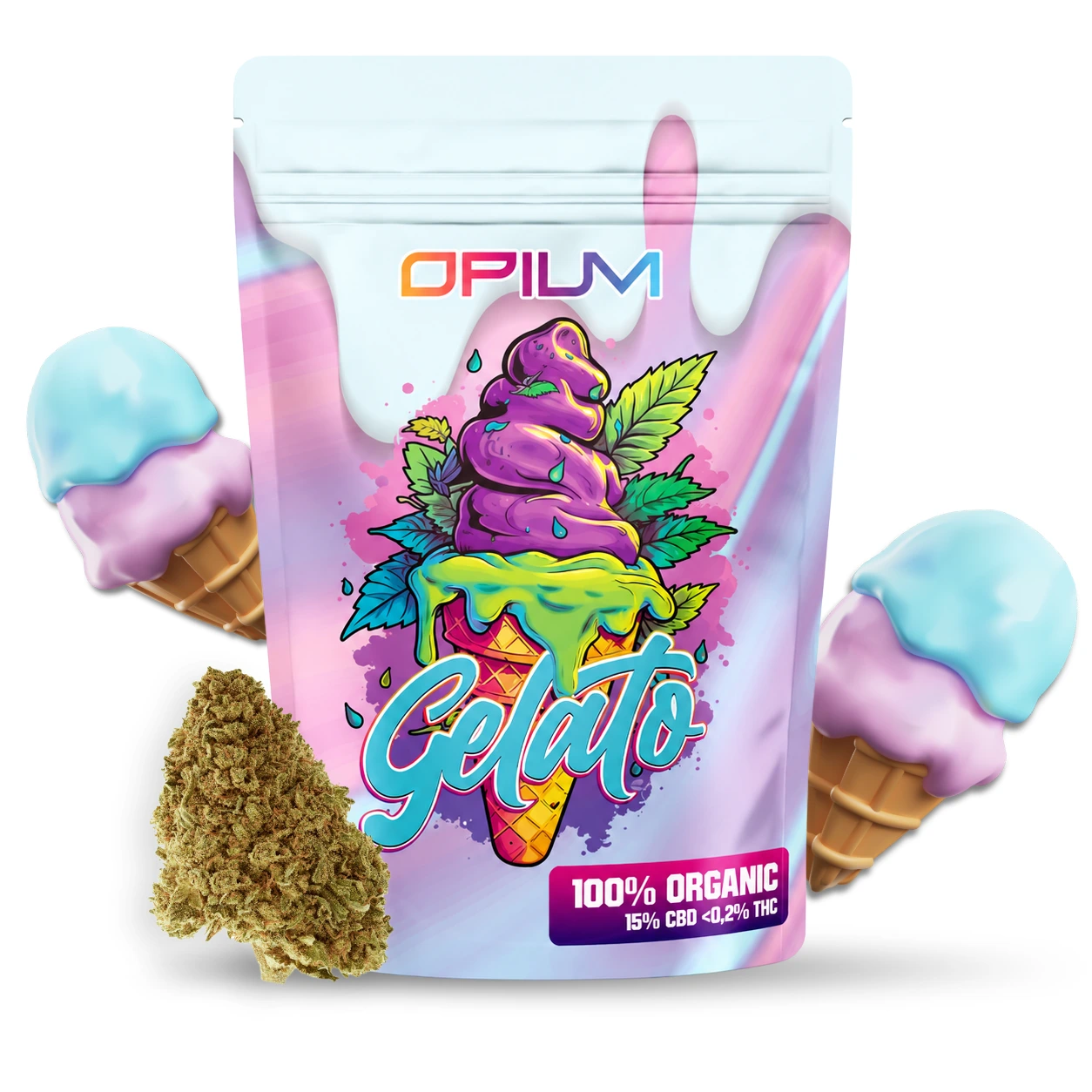 Bolsa Opium Gelato con ilustración multicolor de un helado y hojas de cannabis, junto a un cogollo y dos conos de helado decorativos.