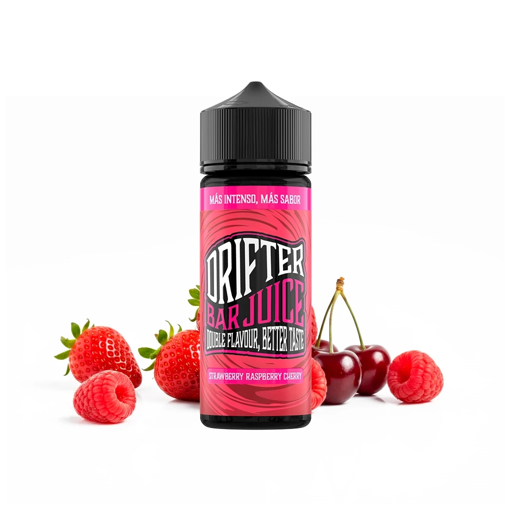 Botella Drifter Bar Juice Strawberry Raspberry Cherry con tapón negro y etiqueta rosa, rodeada de fresas, frambuesas y cerezas.