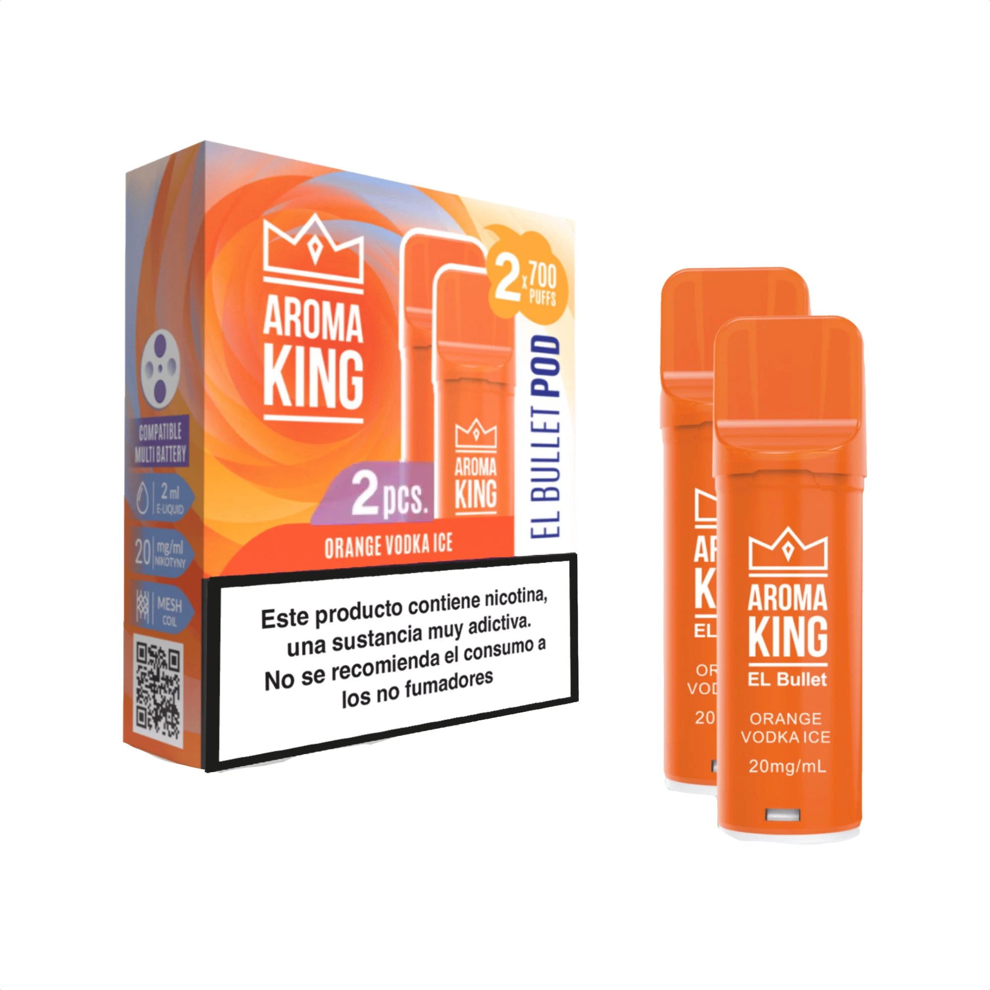 Caja Aroma King Orange Vodka Ice y dos cápsulas naranjas El Bullet, con indicación de 20 mg/ml y advertencia sobre nicotina.
