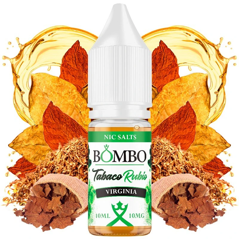 Frasco Bombo Nic Salts Tabaco Rubio Virginia con tapón blanco, rodeado de hojas secas y tabaco picado; etiqueta de 10 ml y 10 mg.
