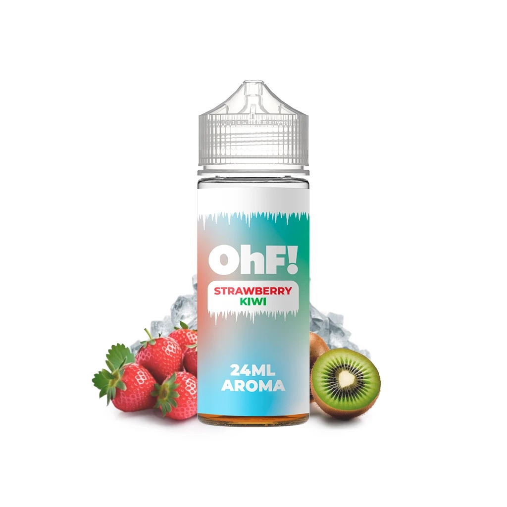 Frasco OhF! Strawberry Kiwi con tapón transparente y etiqueta de 24 ml de aroma, acompañado de fresas, kiwi cortado y hielo.