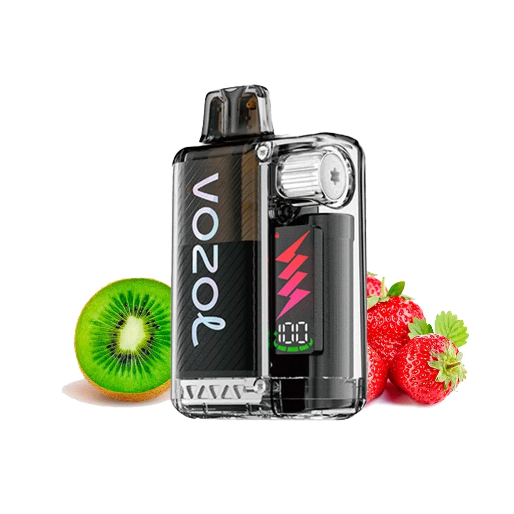 Vozol Vista Plug Strawberry Kiwi con carcasa transparente oscura, pantalla y un rayo rosa, flanqueado por medio kiwi y fresas.