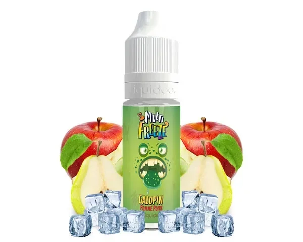 Frasco Galopin Multi Freeze de Liquideo con etiqueta verde y tapón blanco, rodeado de manzanas rojas, mitades de pera y cubitos de hielo.
