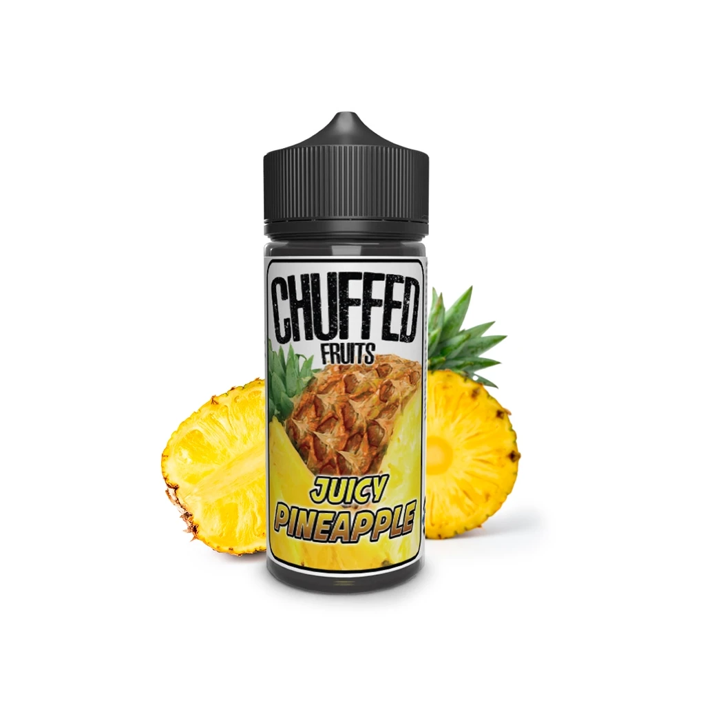 Frasco Chuffed Fruits Juicy Pineapple con tapón negro y etiqueta amarilla, acompañado de rodajas de piña sobre fondo blanco.