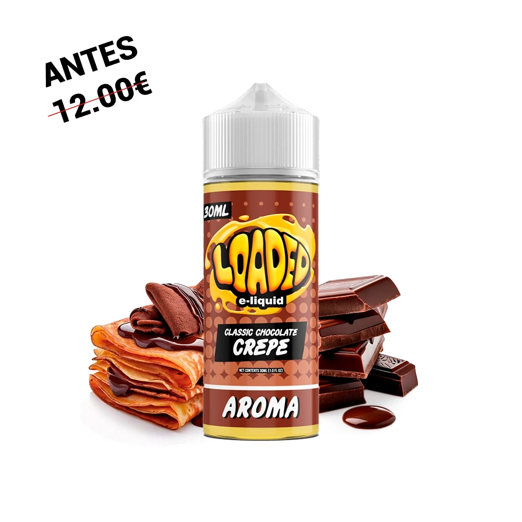 Frasco Loaded Classic Chocolate Crepe de 30 ml con tapón blanco, delante de crepes y trozos de chocolate sobre fondo blanco.