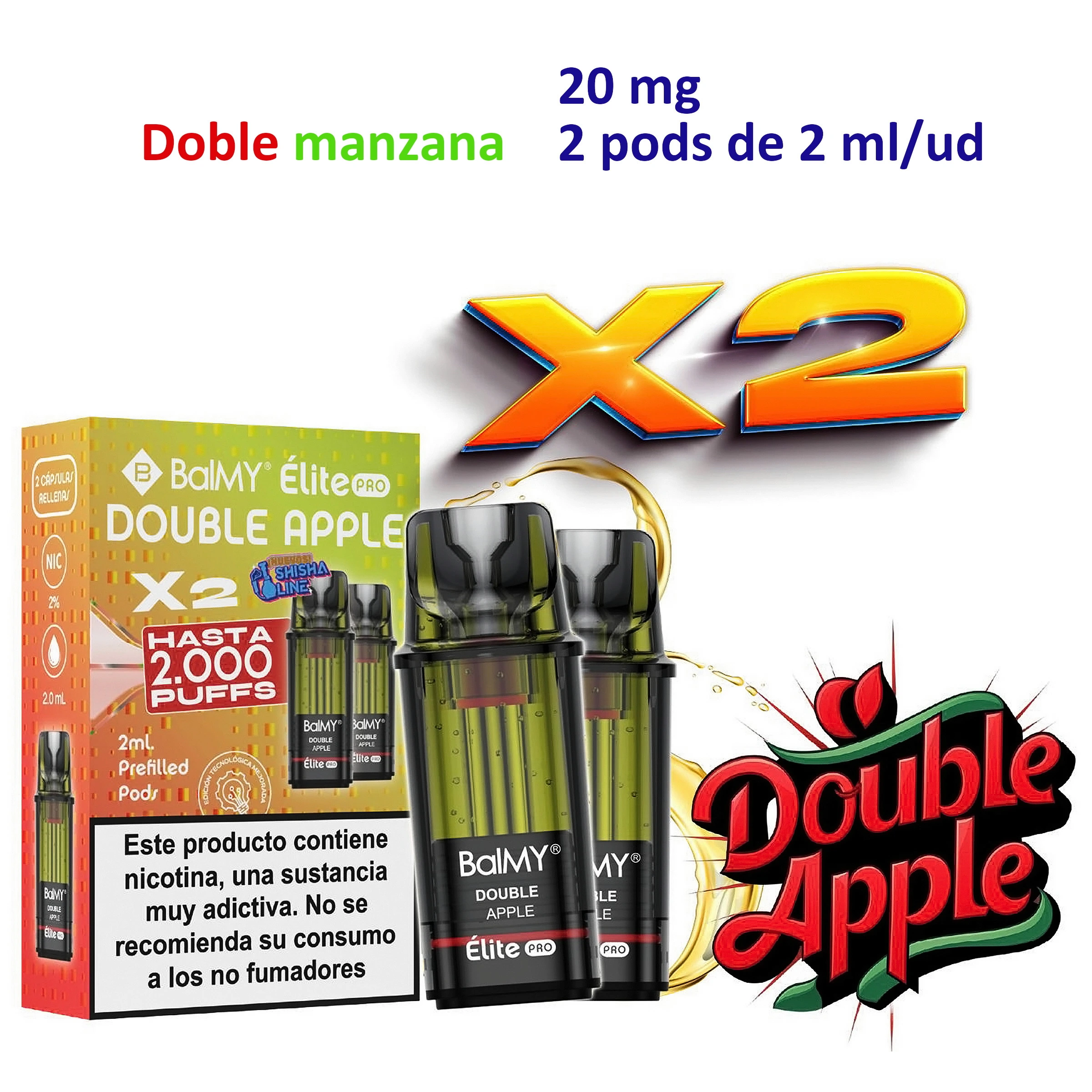 Caja BALMY ÉLITE PRO Double Apple y dos pods verdes con boquilla negra; el texto indica 20 mg y dos recargas de 2 ml.
