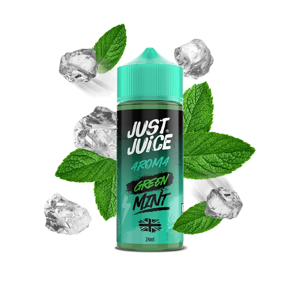 Botella Just Juice Green Mint de 24 ml con tapón verde, rodeada de hojas de menta y cubitos de hielo sobre fondo blanco.