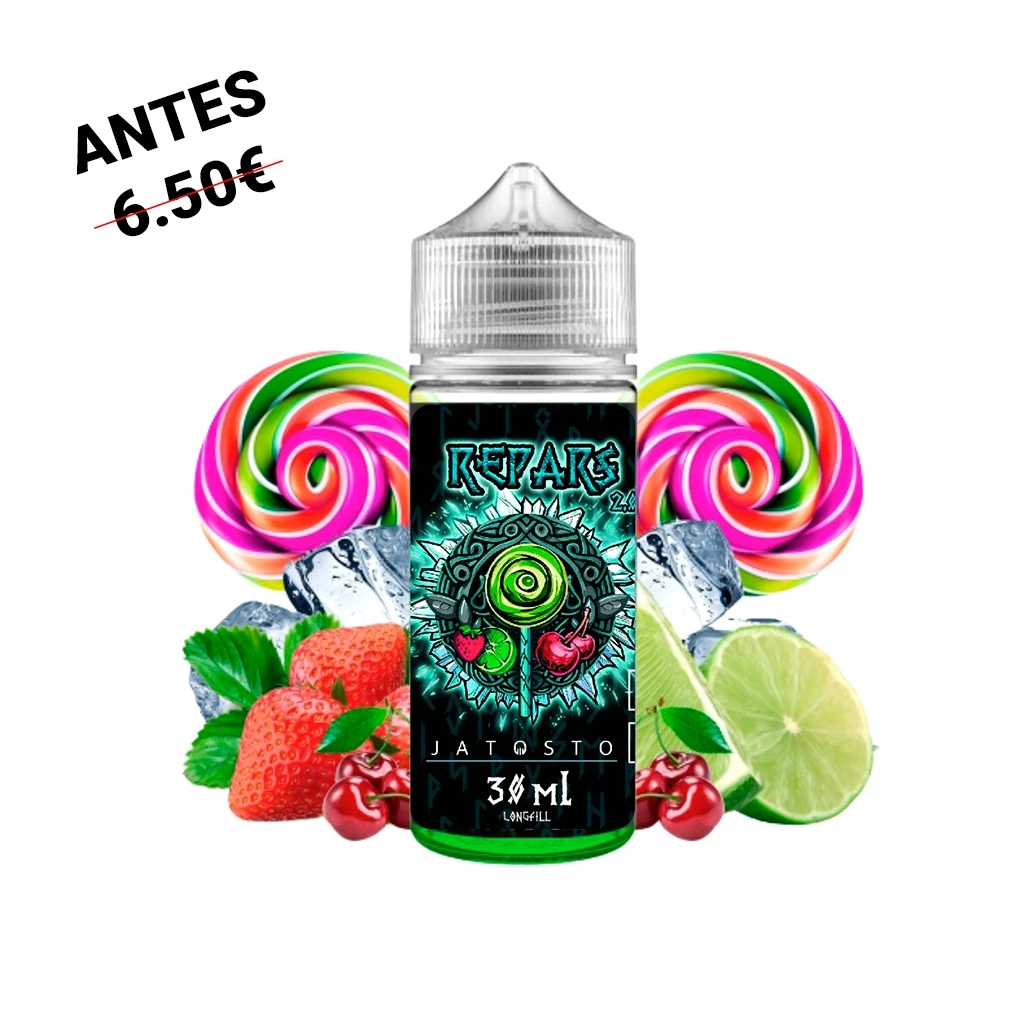 Botella Jatosto Repars Longfill con tapón transparente, rodeada de piruletas multicolor, fresas, cerezas, lima y hielo.