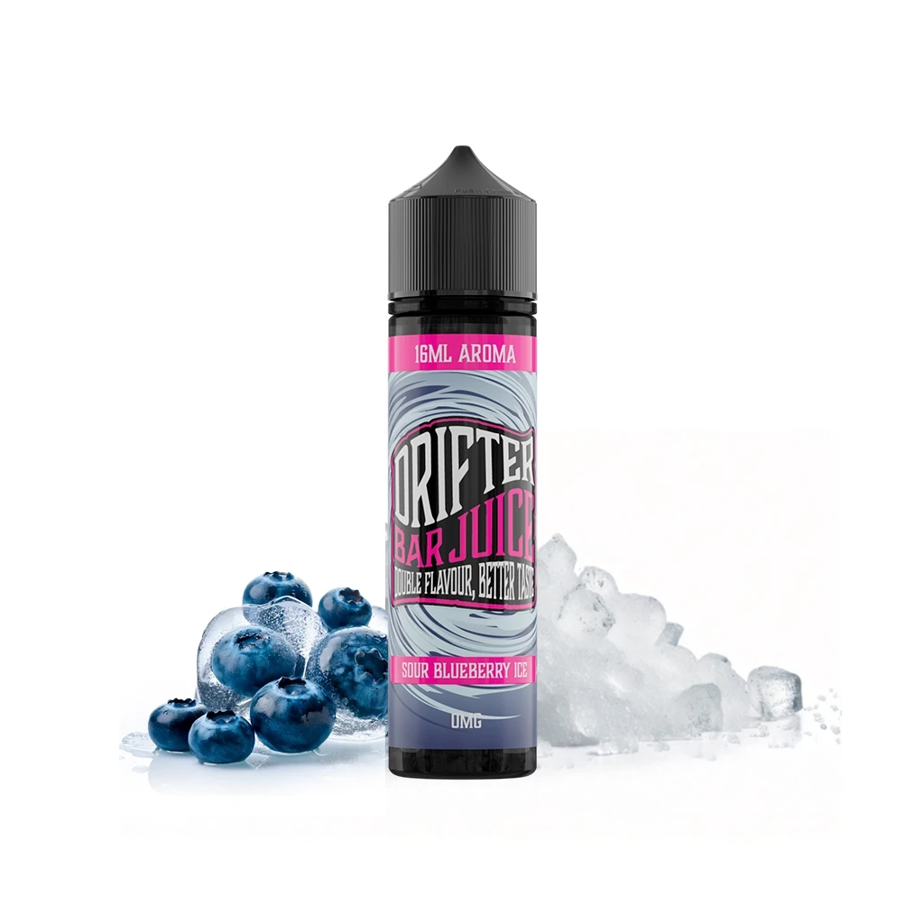 Botella Drifter Bar Sour Blueberry Ice de 16 ml, con tapón negro y etiqueta gris y rosa, delante de arándanos y hielo.