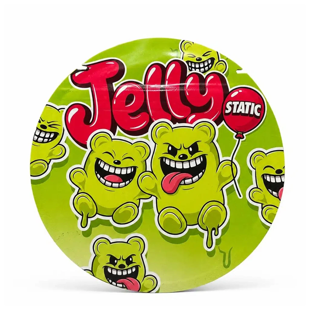 Envase circular verde de Jelly con letras rojas, ositos de dibujos animados y un globo rojo con el texto «STATIC».