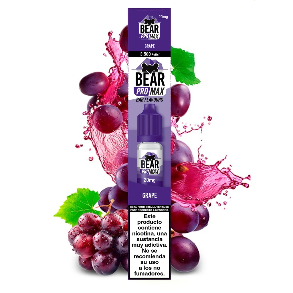 Caja morada de Bear Pro Max Grape 20 mg con advertencia sobre nicotina, rodeada de uvas, hojas verdes y salpicaduras violetas.