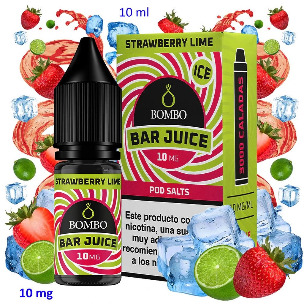 Frasco y caja de Bombo Bar Juice Strawberry Lime Ice de 10 ml y 10 mg, rodeados de fresas, limas y cubitos de hielo.