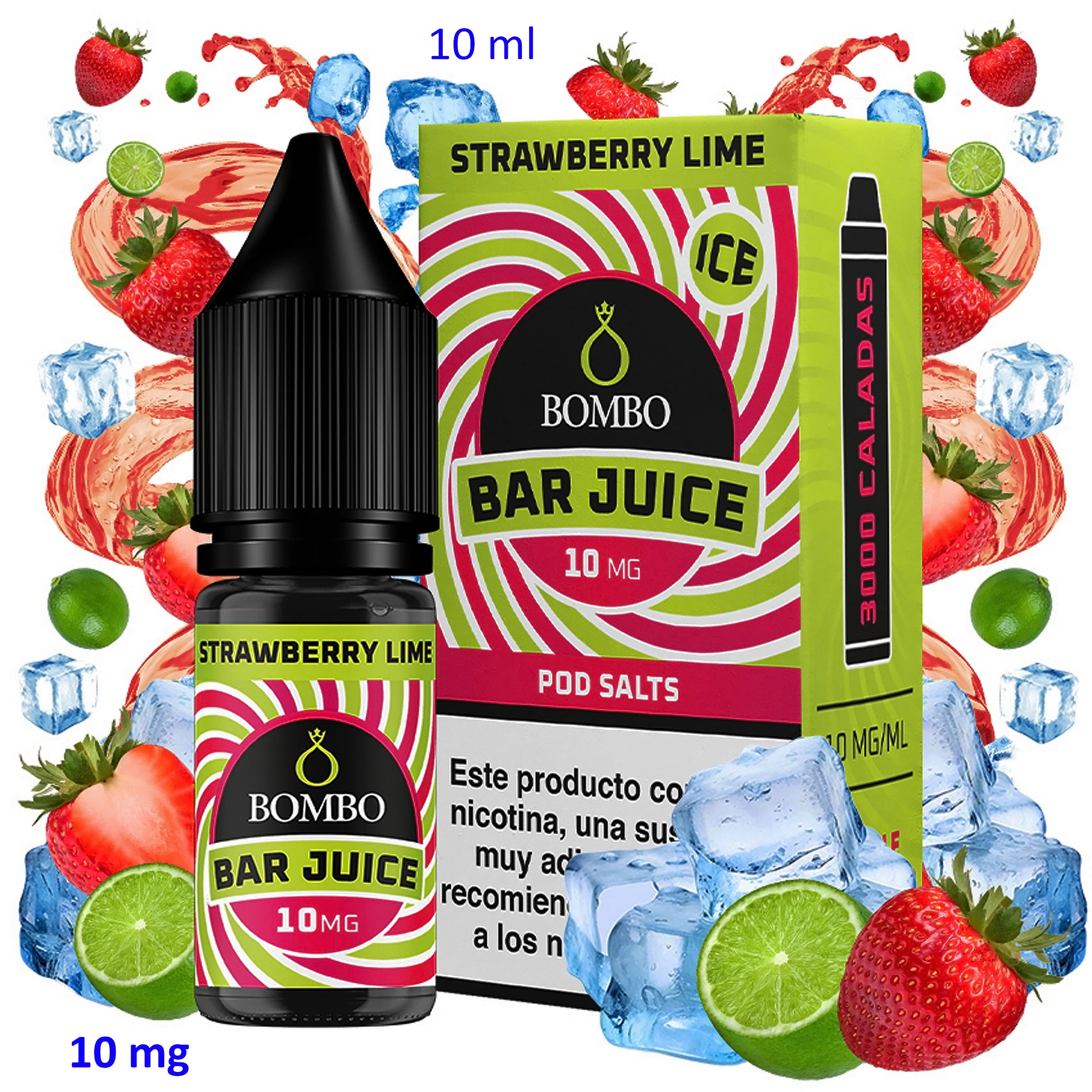 Frasco y caja de Bombo Bar Juice Strawberry Lime Ice de 10 ml y 10 mg, rodeados de fresas, limas y cubitos de hielo.
