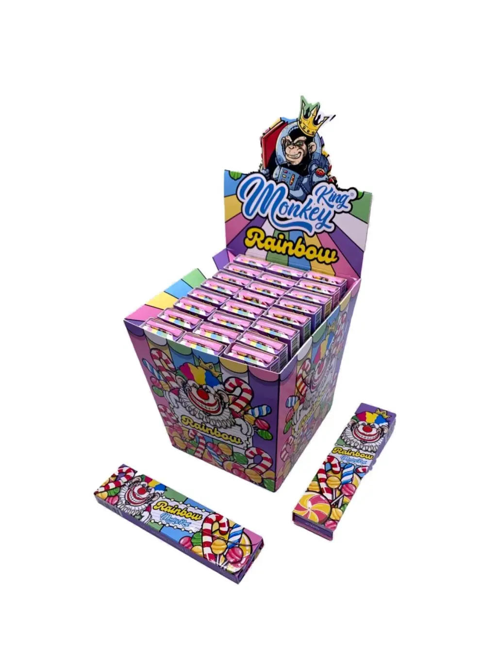 Expositor de papel Monkey King Rainbow con librillos multicolores y dibujos de payasos, y dos librillos delante sobre fondo blanco.