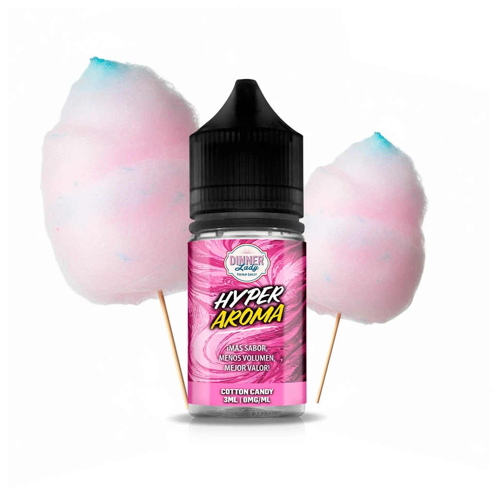 Frasco Dinner Lady Hyper Aroma Cotton Candy de 3 ml, con tapón negro y etiqueta rosa, entre dos algodones de azúcar.