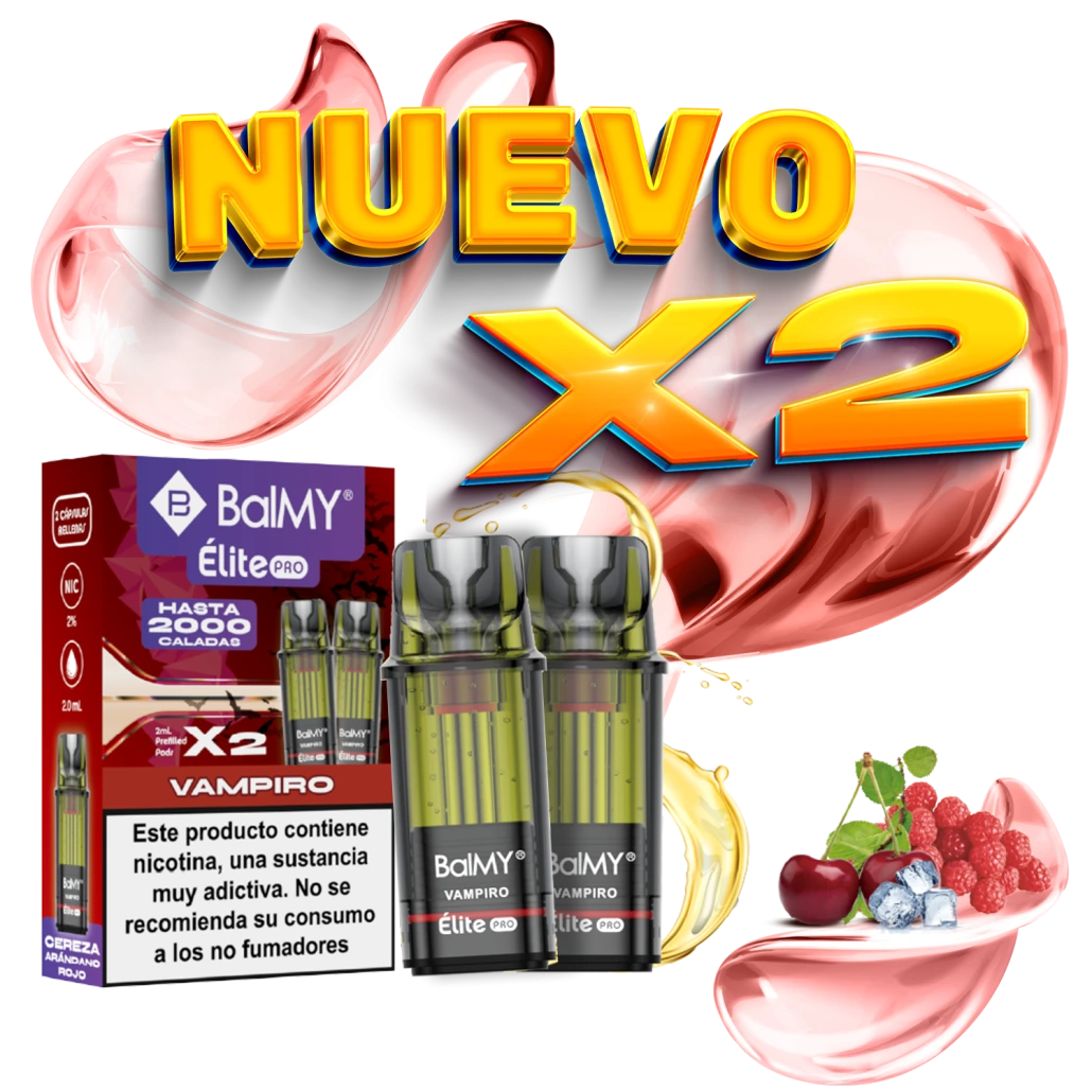 Dos pods Balmy Élite Pro Vampiro junto a su caja, con cerezas, frutos rojos y hielo sobre fondo negro y texto «X2».