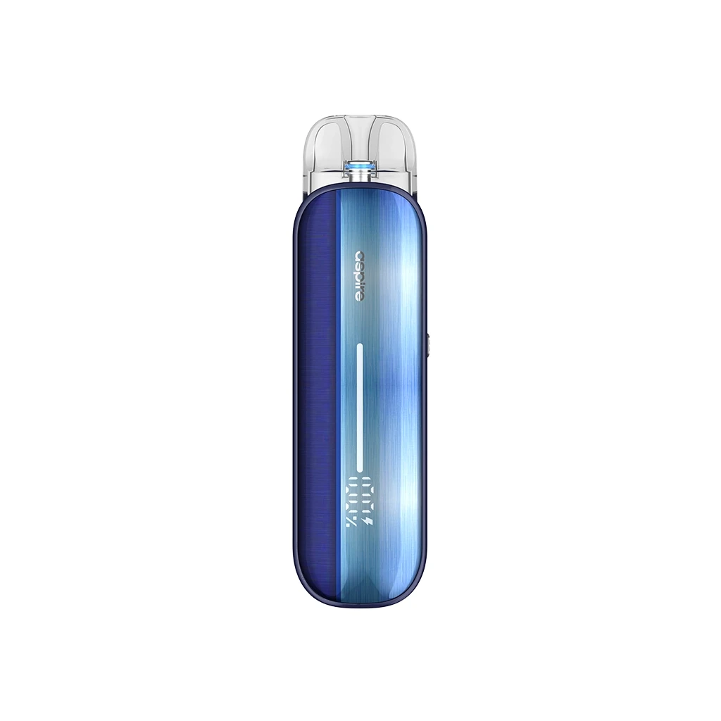 Aspire Pixo Aura Pod Kit azul de cuerpo alargado y bordes redondeados, con boquilla transparente e indicador luminoso frontal.