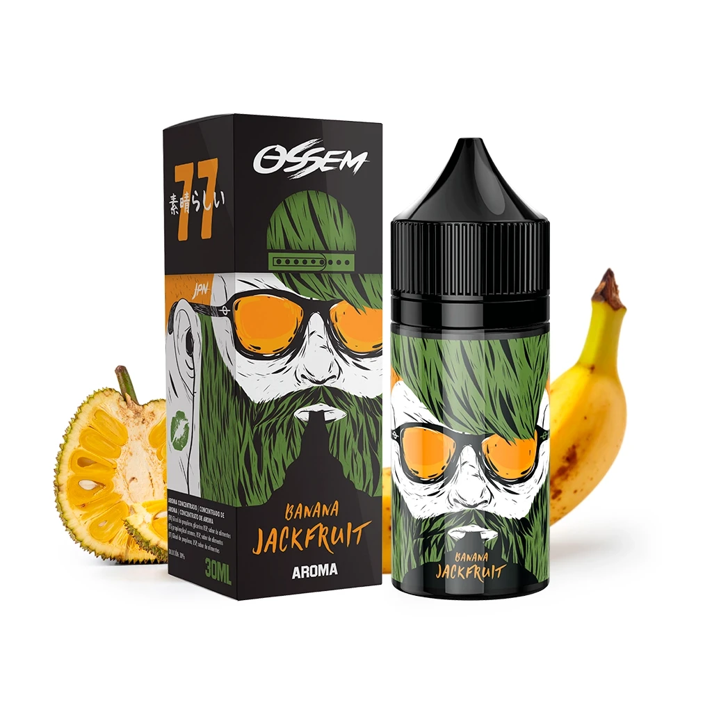 Frasco y caja de aroma Ossem Banana Jackfruit, decorados con un rostro de barba verde y gafas naranjas, junto a un plátano y una yaca cortada.