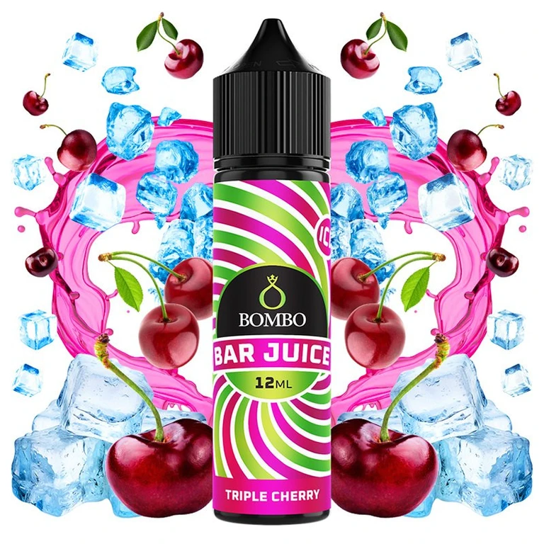 Frasco de aroma Triple Cherry Ice de Bombo Bar Juice, de 12 ml, rodeado de cerezas, cubitos de hielo y salpicaduras rosas.