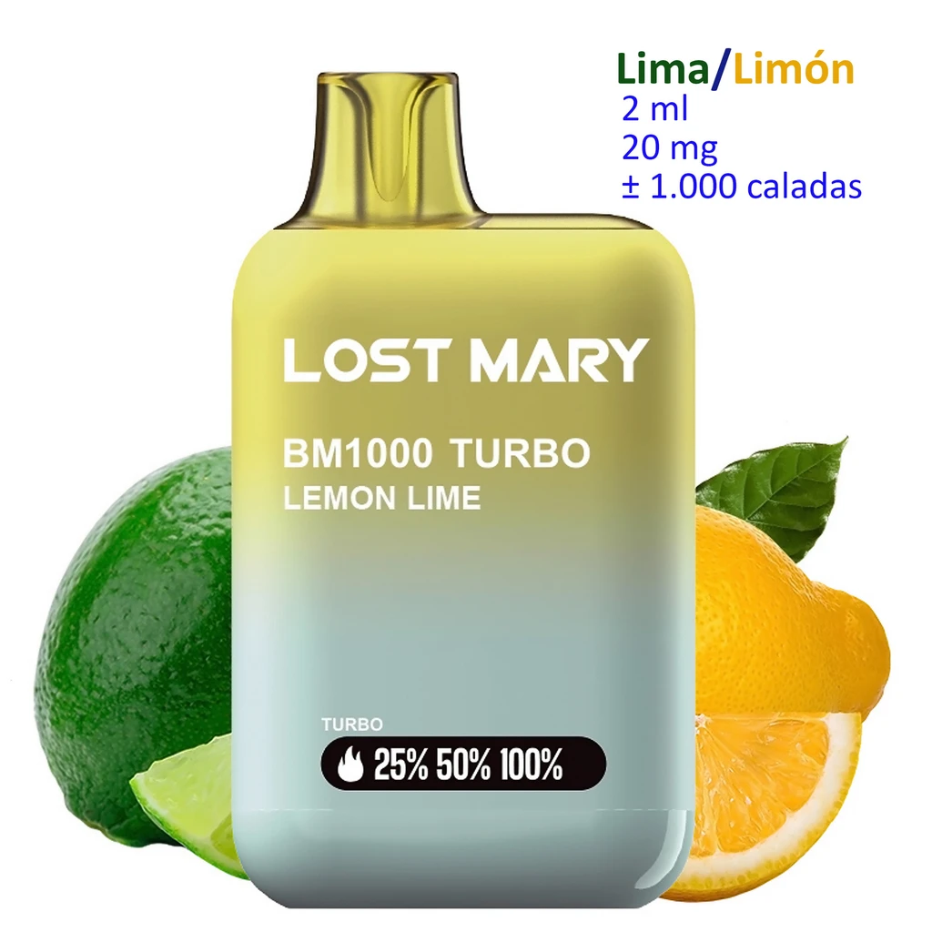 Vaper Lost Mary BM1000 Turbo Lemon Lime amarillo y azul claro, con limas y limones detrás y texto de 2 ml y 20 mg.