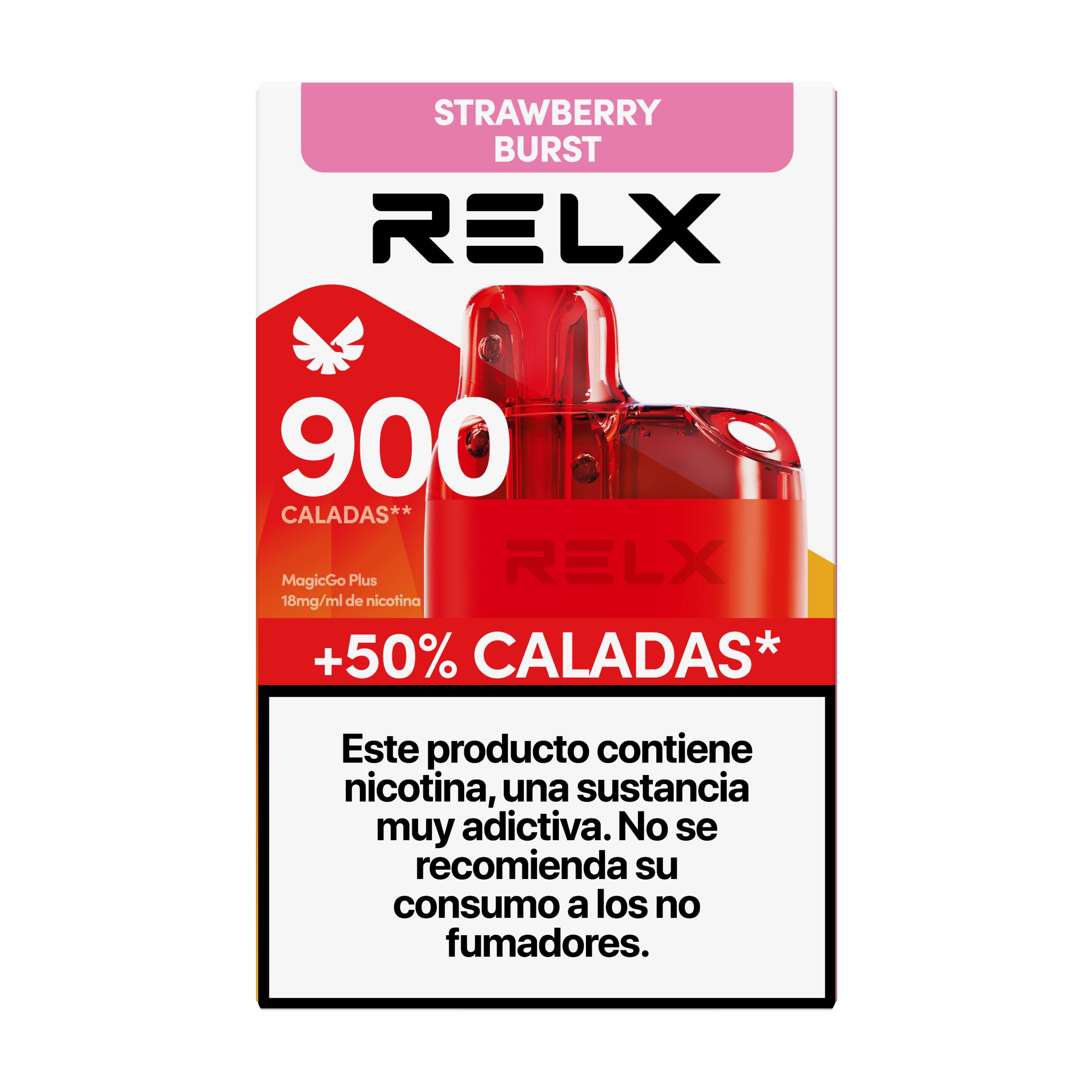 Caja de RELX MagicGo Plus Strawberry Burst con dispositivo rojo, texto de 900 caladas y advertencia sobre la adicción a la nicotina.