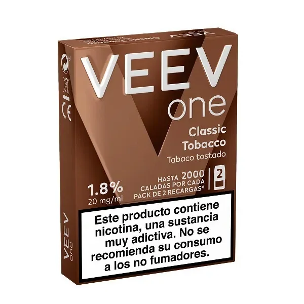 Caja marrón de VEEV One Classic Tobacco con indicaciones de 20 mg/ml, 1,8 % y hasta 2000 caladas, y advertencia sobre nicotina.