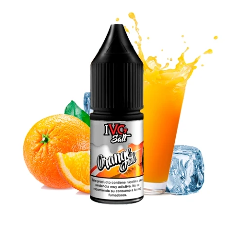 Bote de IVG Salt Orangeade con tapón negro, delante de una naranja, una rodaja, un vaso de bebida naranja con salpicaduras y hielo.