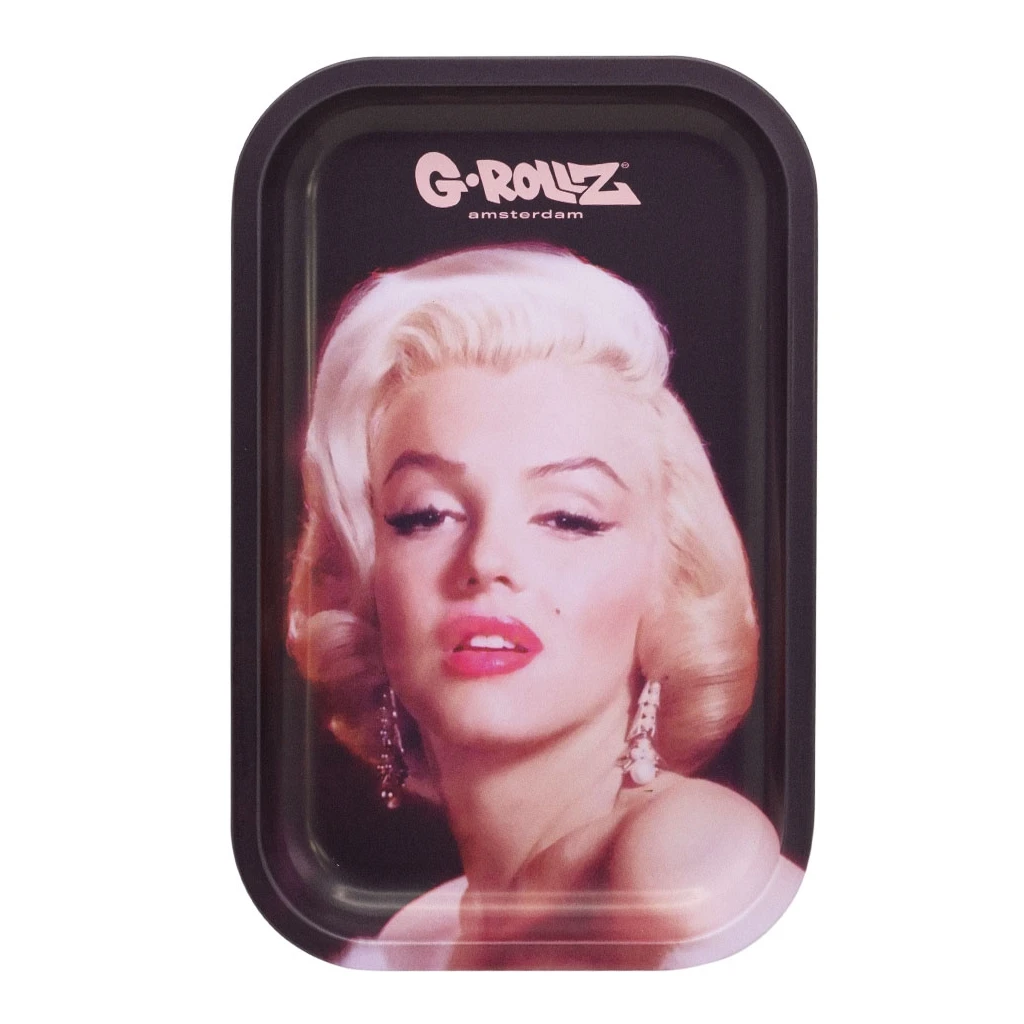 Bandeja G-Rollz Marilyn #1 rectangular, con bordes redondeados, fondo negro y retrato de una mujer rubia con labios rosas y pendientes.