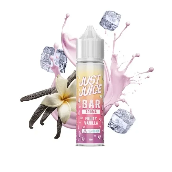 Bote Just Juice Bar Fruity Vanilla de 12 ml rodeado de vainas y una flor de vainilla, cubitos de hielo y una salpicadura rosa.