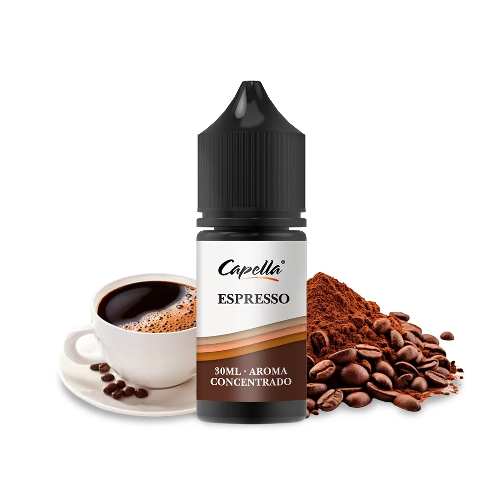Frasco Capella Espresso de 30 ml con tapón negro, acompañado de una taza de café, granos y café molido sobre fondo blanco.