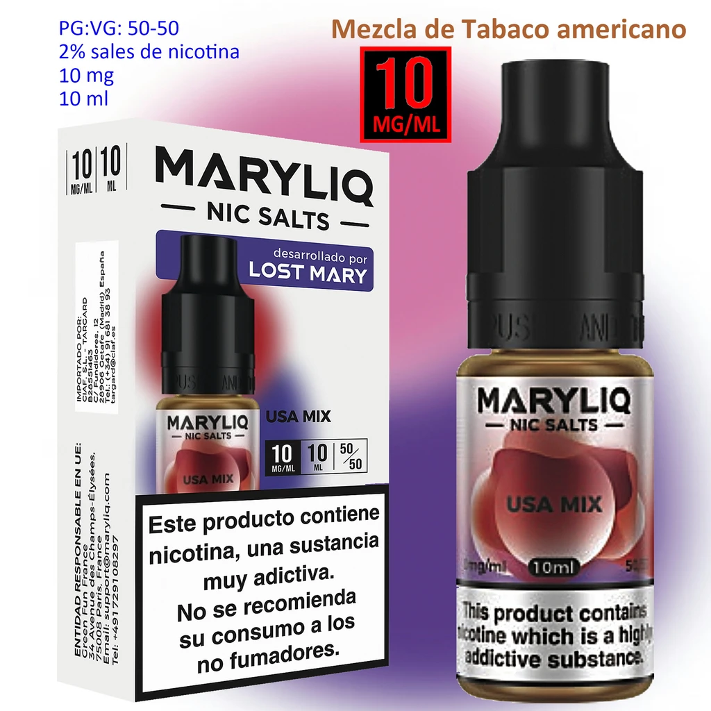Frasco de MARYLIQ USA Mix de 10 ml junto a su caja, con tapón negro, etiqueta de 10 mg/ml y advertencia sobre la nicotina.